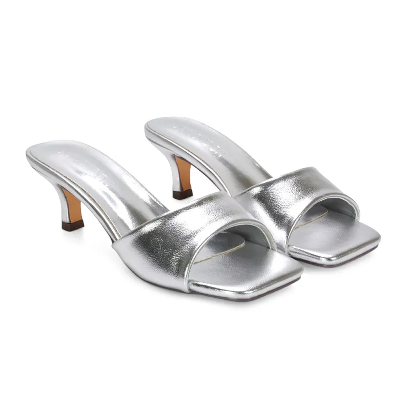 Pearl Square Toe Stiletto Kitten Heel Mule Sandals in Silver Metallic made by XYlondon