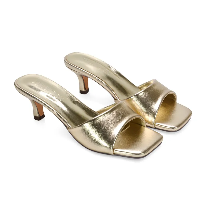 Pearl Square Toe Stiletto Kitten Heel Mule Sandals in Gold Metallic made by XYlondon