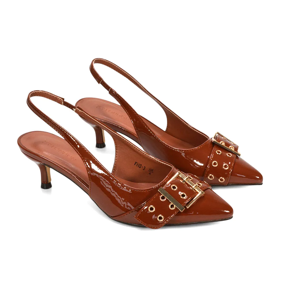 Lexi Buckle Pointed Toe Slingback Low Kitten Heels in Brown Patent sold by XYlondon