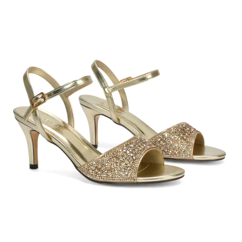 Robin Ankle Strap Mid Stiletto Peep Toe Diamante Sparkly Heels in Gold Metallic made by XYlondon