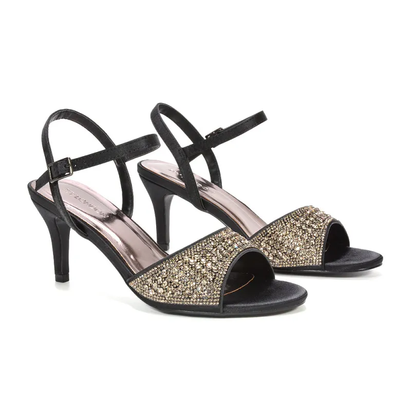 Robin Ankle Strap Mid Stiletto Peep Toe Diamante Sparkly Heels in Black Satin made by XYlondon