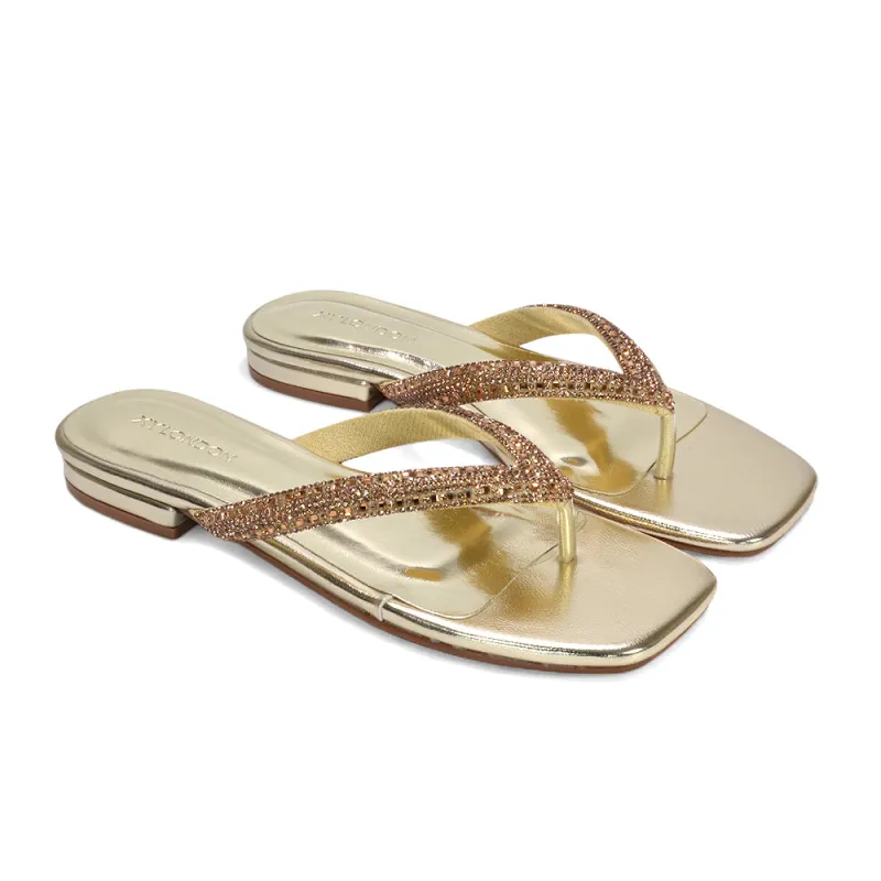 Eliana Square Toe Sparkly Flip Flop Summer Sandals in Gold Metallic made by XYlondon