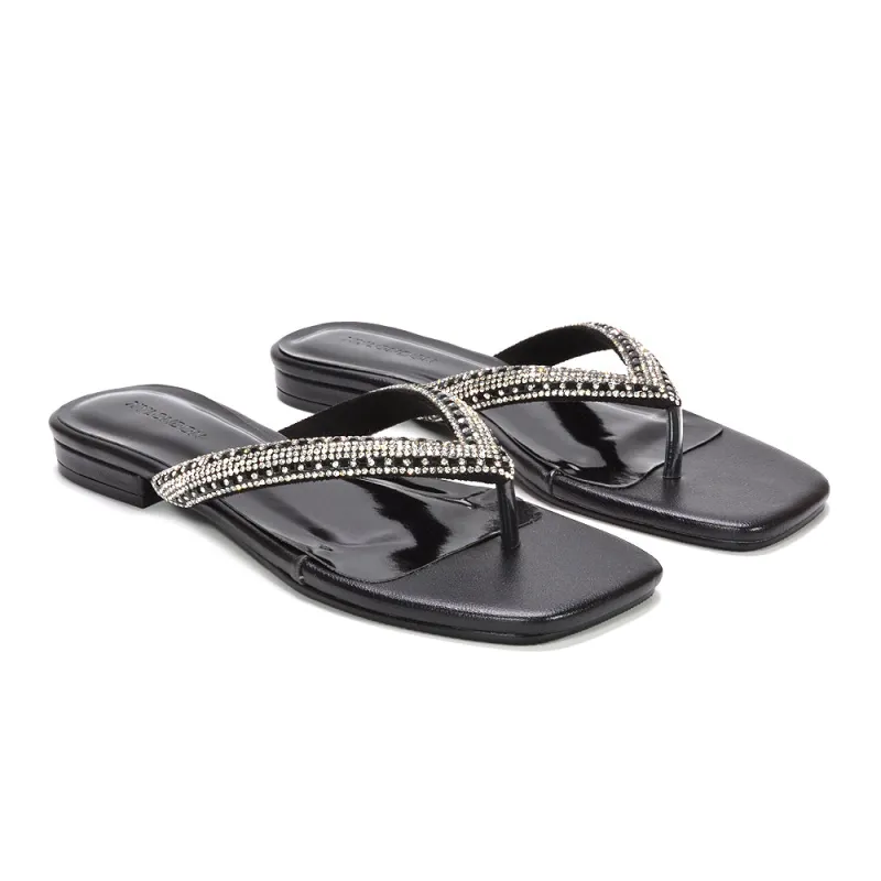 Eliana Square Toe Sparkly Flip Flop Summer Sandals in Black Metallic made by XYlondon