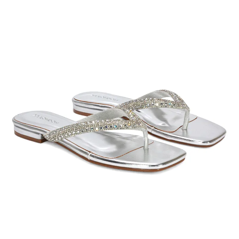 Eliana Square Toe Sparkly Flip Flop Summer Sandals in Silver Metallic made by XYlondon