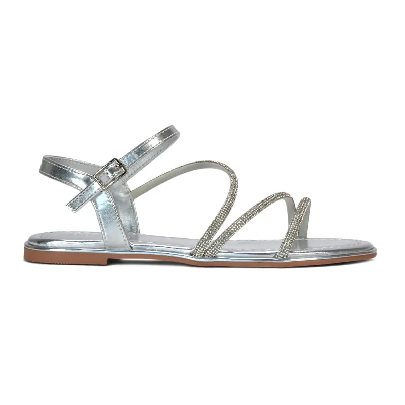 Ayla Diamante Ankle Strap Flat Sandal Holiday Shoes in Silver Metallic made by XYlondon