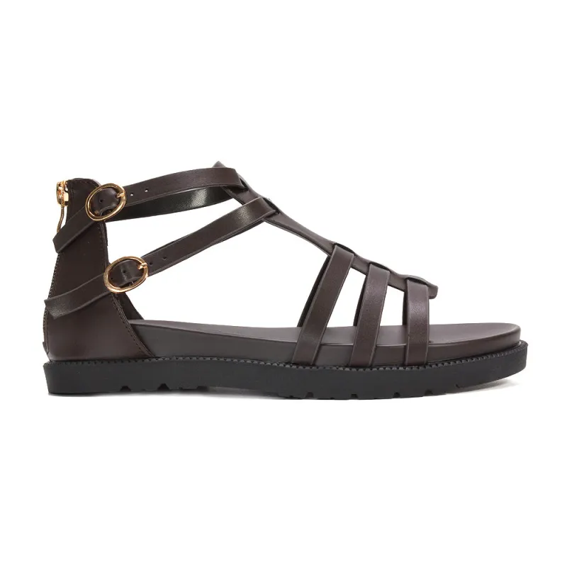 Quinn Flatform Gladiator Strappy Caged Summer Sandals in Brown Synthetic Leather made by XYlondon