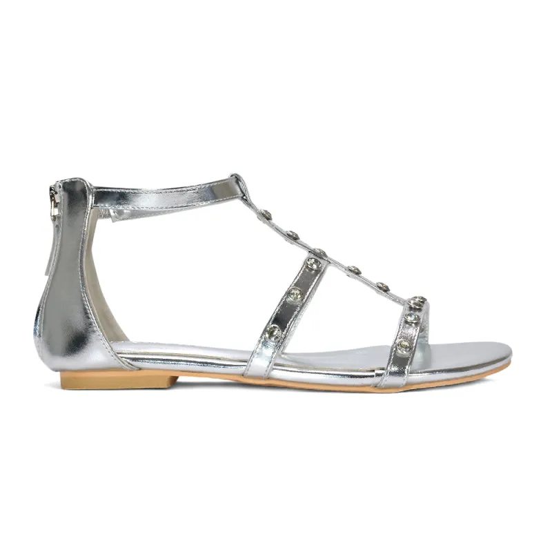 Cecil Gladiator Sandals Diamante Studded T-Bar Strappy Summer Shoes in Silver Metallic made by XYlondon