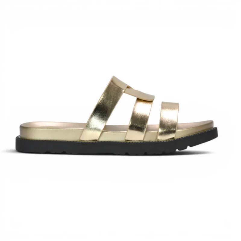 Eleanor Slip On Chunky Flat Sandals Comfortable Strappy Summer Slides in Gold Metallic made by XYlondon