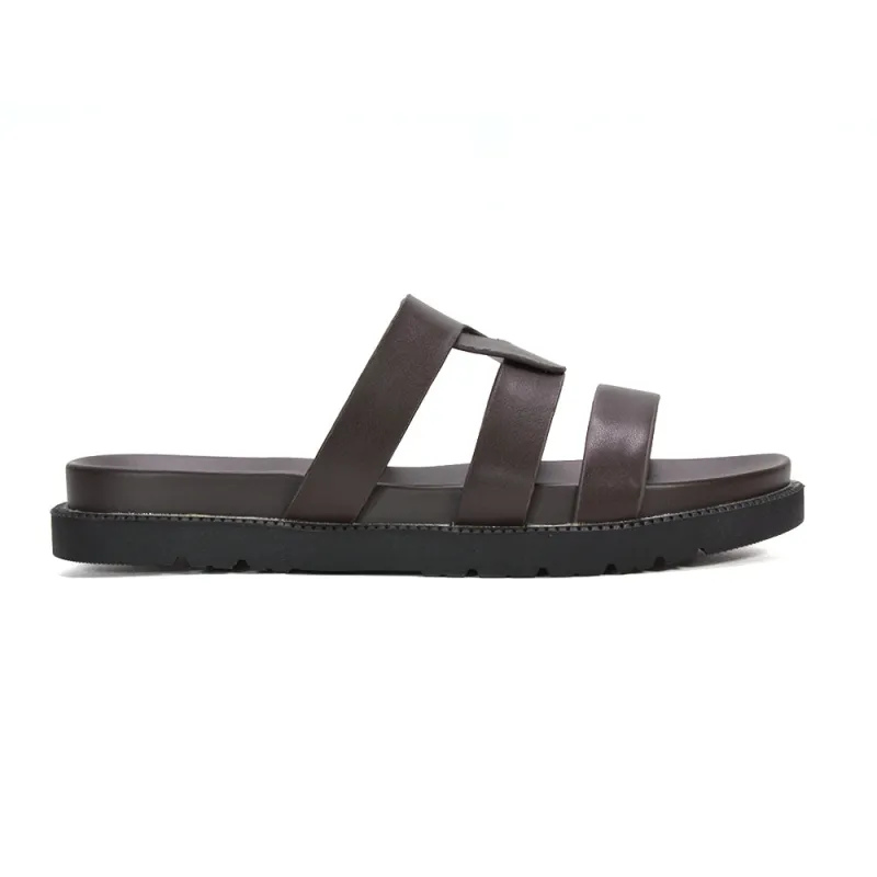 Eleanor Slip On Chunky Flat Sandals Comfortable Strappy Summer Slides in Brown Synthetic Leather made by XYlondon