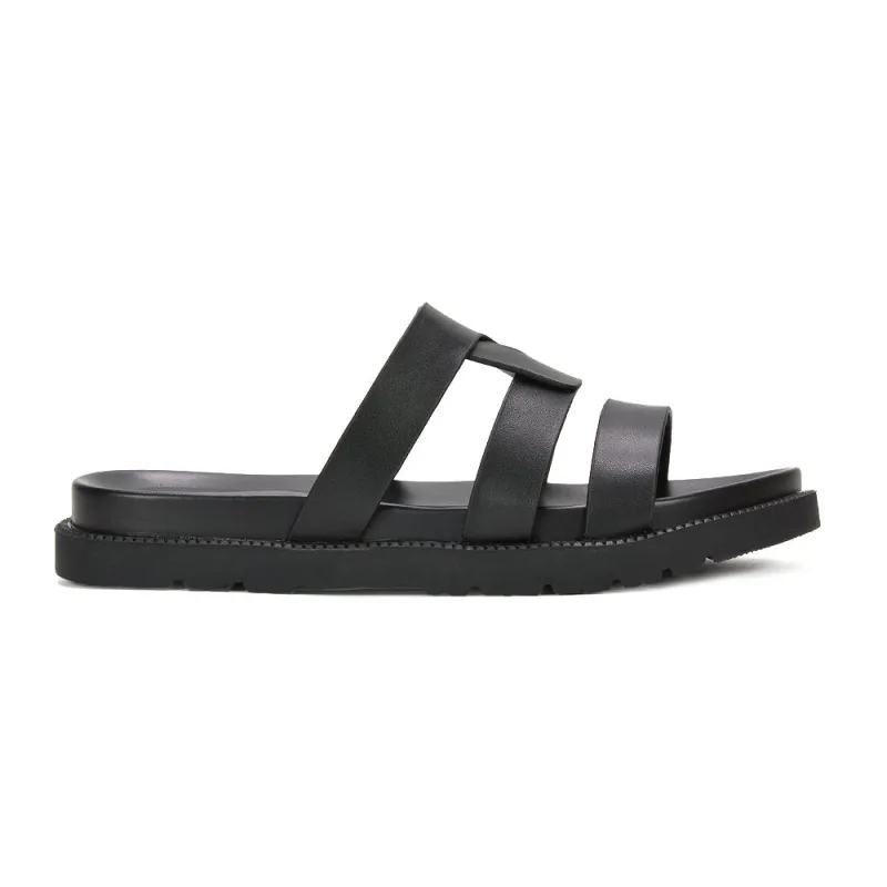 Eleanor Slip On Chunky Flat Sandals Comfortable Strappy Summer Slides in Black Synthetic Leather made by XYlondon
