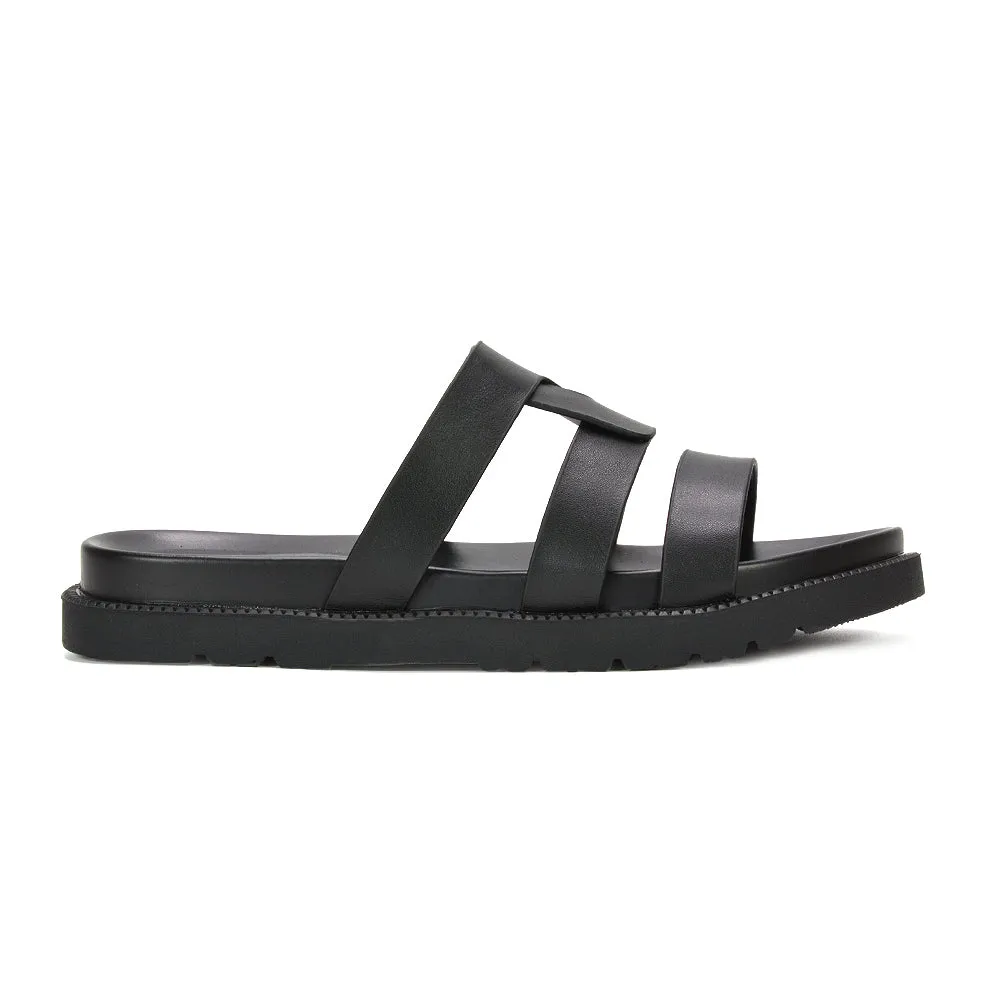 Eleanor Slip On Chunky Flat Sandals Comfortable Strappy Summer Slides in Black Synthetic Leather sold by XYlondon