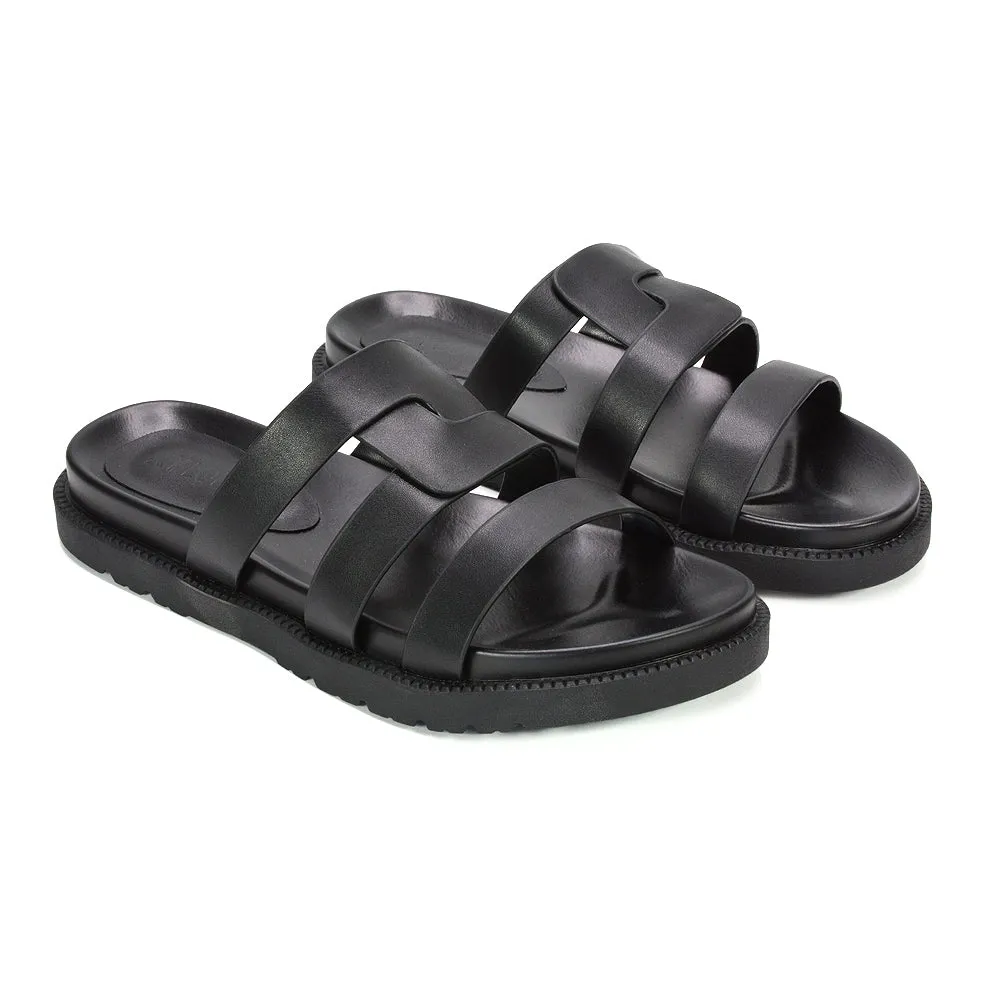 Eleanor Slip On Chunky Flat Sandals Comfortable Strappy Summer Slides in Black Synthetic Leather sold by XYlondon product image thumbnail 5