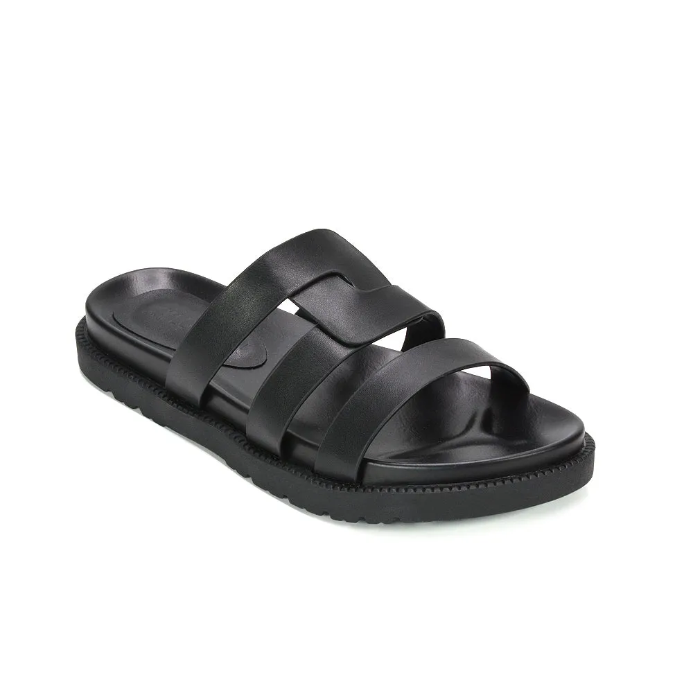 Eleanor Slip On Chunky Flat Sandals Comfortable Strappy Summer Slides in Black Synthetic Leather sold by XYlondon product image thumbnail 2