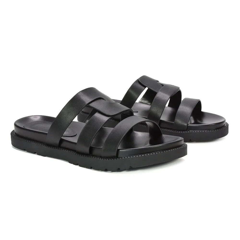 Eleanor Slip On Chunky Flat Sandals Comfortable Strappy Summer Slides in Black Synthetic Leather sold by XYlondon product image thumbnail 3
