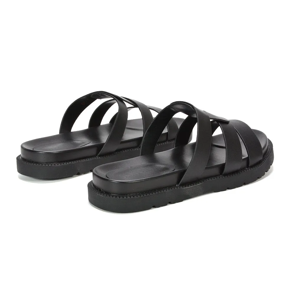 Eleanor Slip On Chunky Flat Sandals Comfortable Strappy Summer Slides in Black Synthetic Leather sold by XYlondon product image thumbnail 4