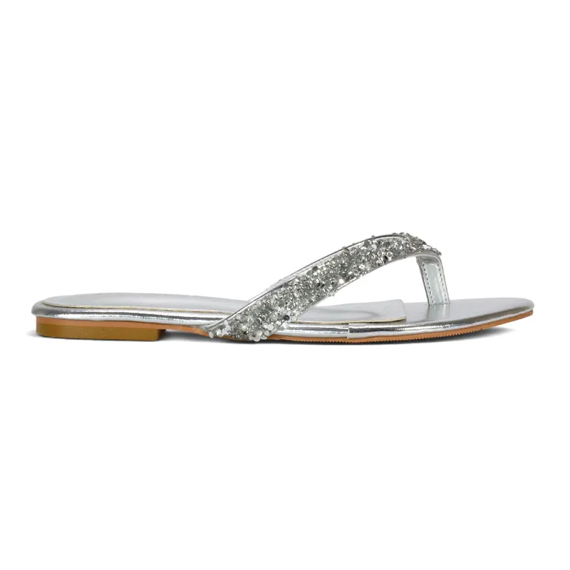 Jemma Jewel Flip Flops Flat Holiday Diamante Slip On Thong Sandals in Silver made by XYlondon