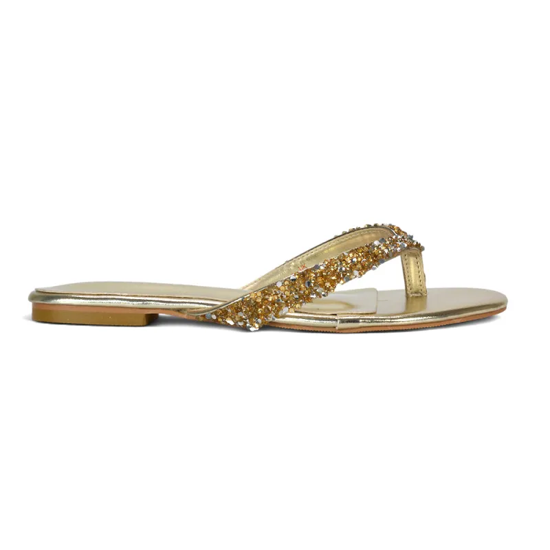 Jemma Jewel Flip Flops Flat Holiday Diamante Slip On Thong Sandals in Gold made by XYlondon