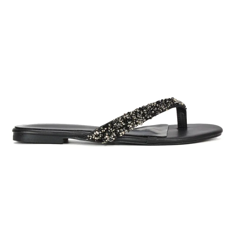 Jemma Jewel Flip Flops Flat Holiday Diamante Slip On Thong Sandals in Black made by XYlondon