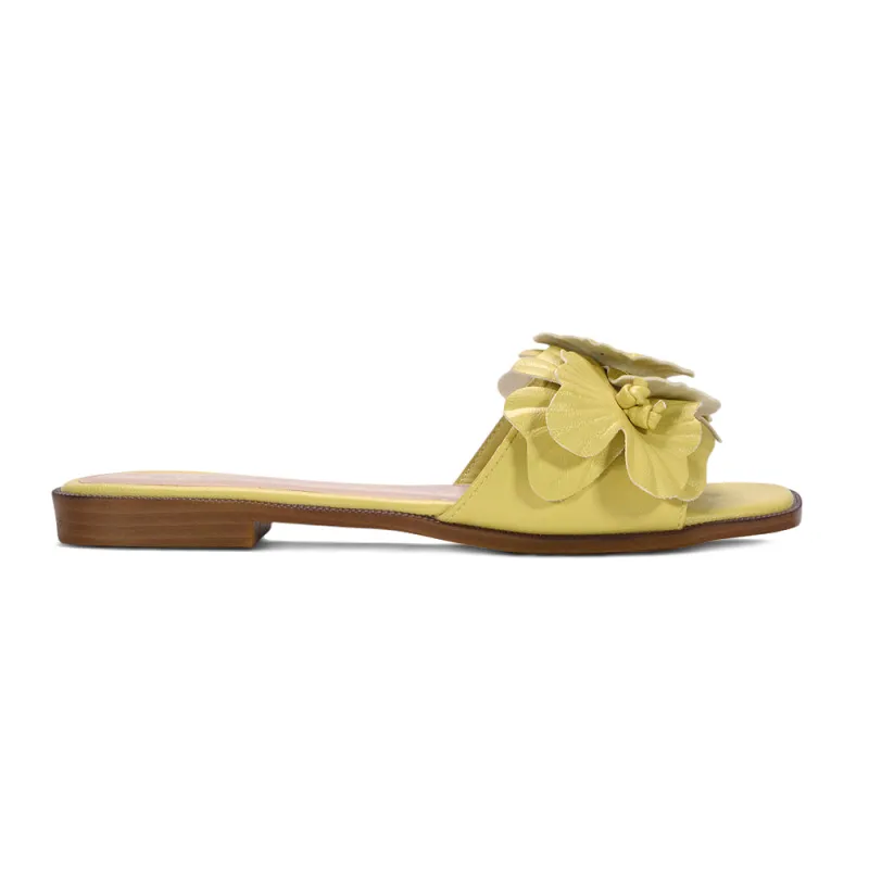 Celia Flat Slip On Flower Detail Sandals Summer Slides in Yellow made by XYlondon
