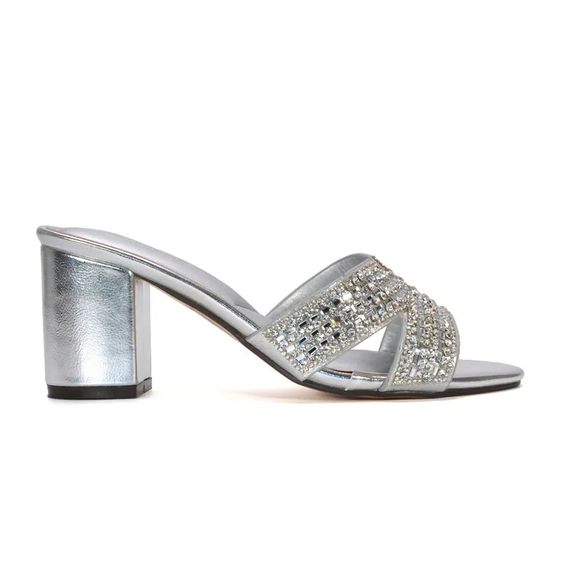 Julia Sparkly Diamante Strappy Mid Block Heeled Sandal Mules in Silver Metallic made by XYlondon