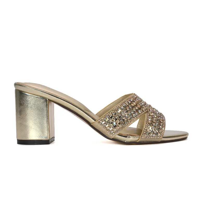 Julia Sparkly Diamante Strappy Mid Block Heeled Sandal Mules in Gold Metallic made by XYlondon