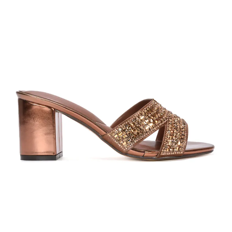 Julia Sparkly Diamante Strappy Mid Block Heeled Sandal Mules in Bronze Metallic made by XYlondon