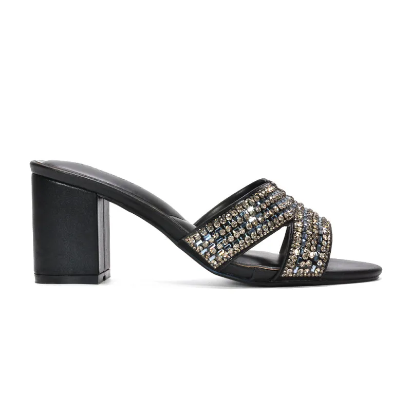 Julia Sparkly Diamante Strappy Mid Block Heeled Sandal Mules in Black Metallic made by XYlondon