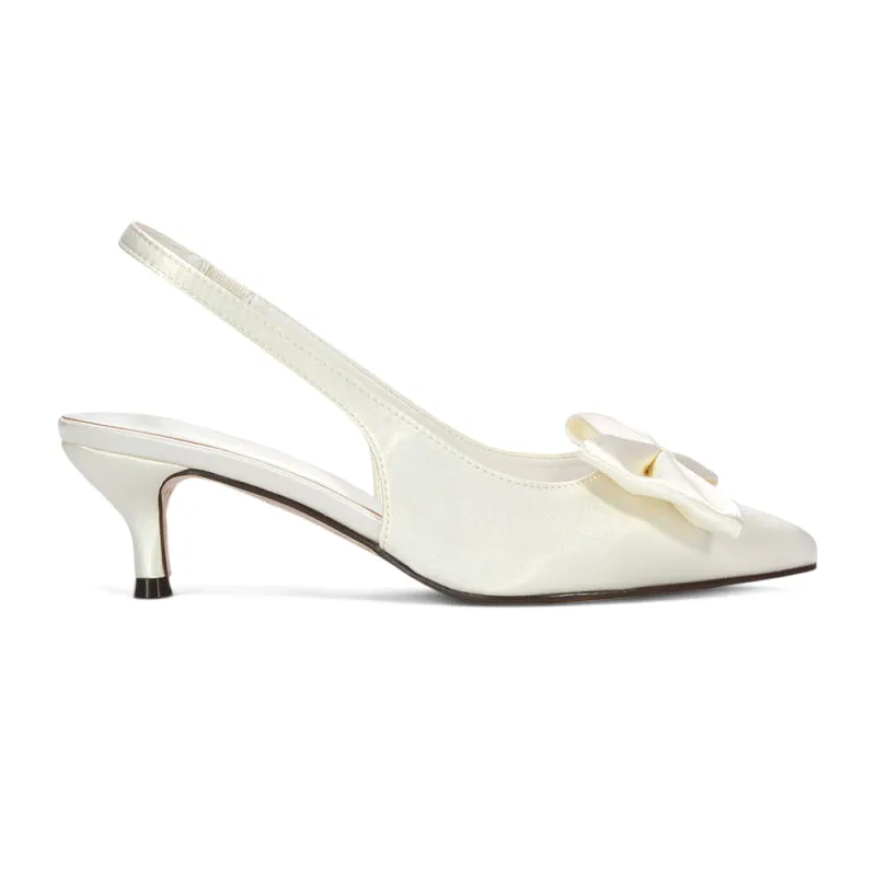 Lola Slingback Kitten Heel Bow Detail Pointed Toe Court Shoes in Ivory Satin made by XYlondon