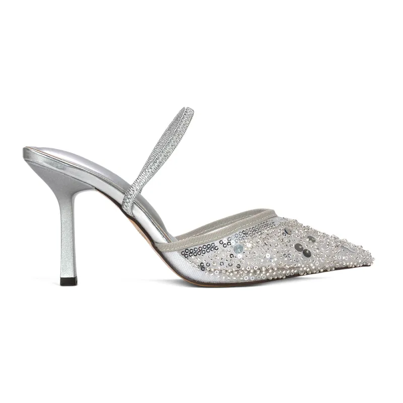 Noah Slingback Stiletto High Heel Rhinestone Embellished Sparkly Court Shoes in Silver made by XYlondon
