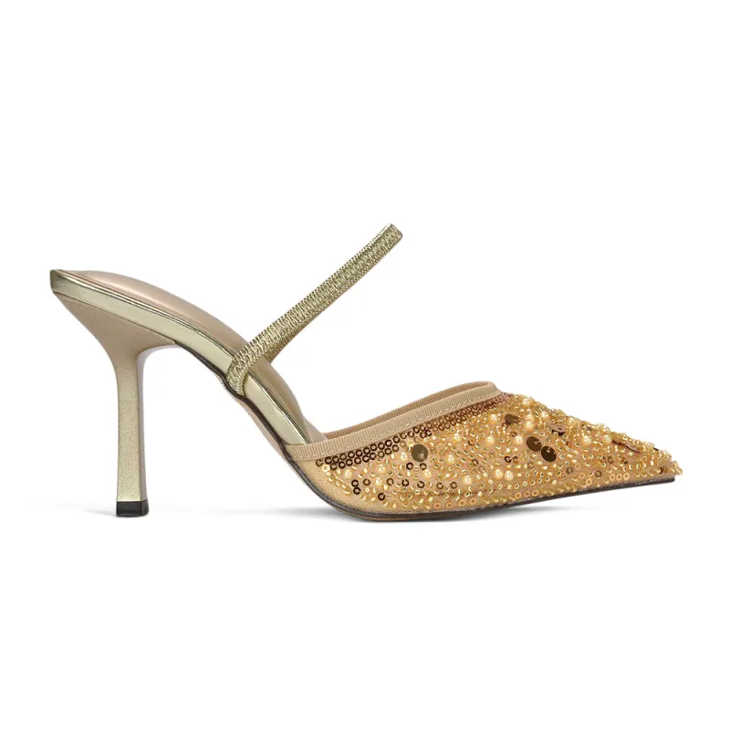 Noah Slingback Stiletto High Heel Rhinestone Embellished Sparkly Court Shoes in Gold made by XYlondon