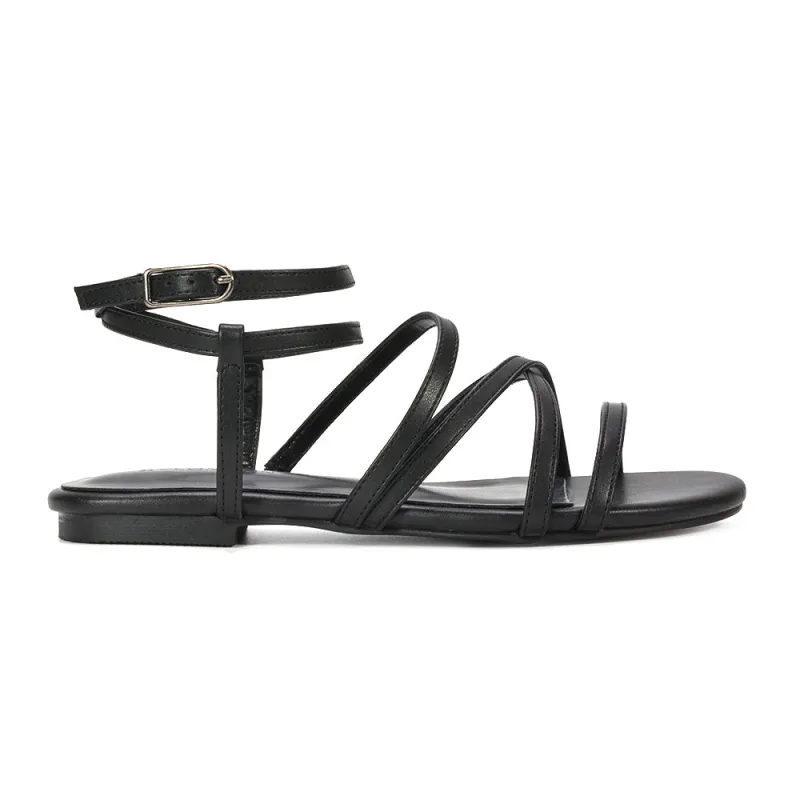 Lyra Flat Gladiator Strappy Sandals With Open Toe in Black Synthetic Leather made by XYlondon