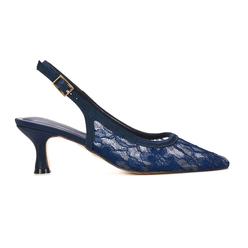 Bea Lace Slingback Court Shoes Pointed Toe Kitten Heels in Navy made by XYlondon