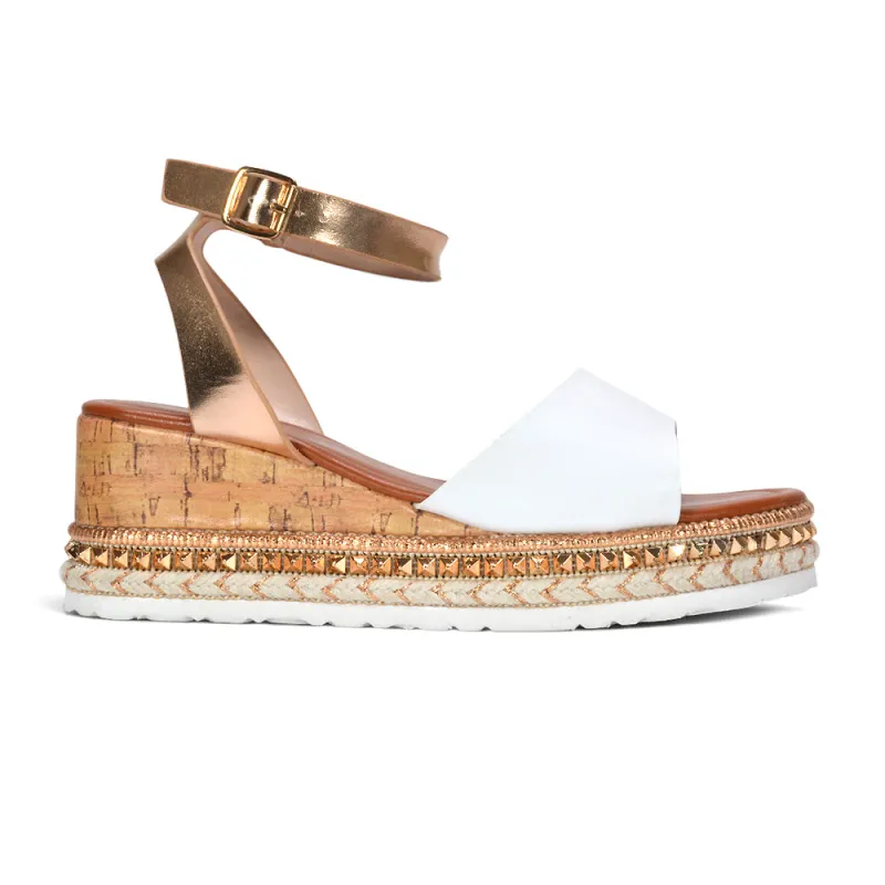 Dione Strappy Wedge Heel Espadrille Platform Sandals in White Synthetic Leather made by XYlondon