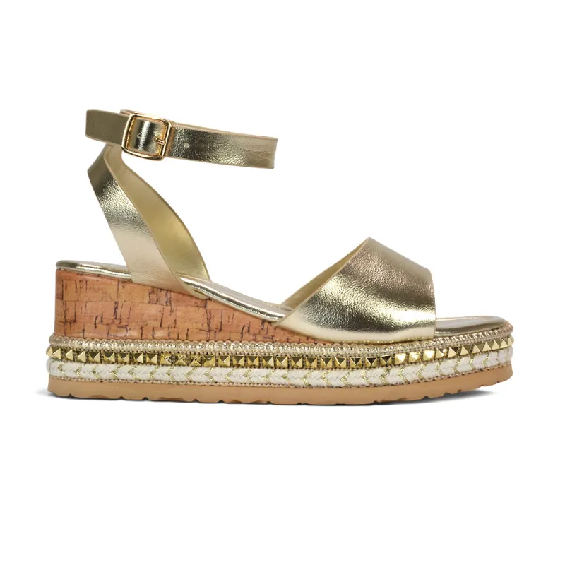 Dione Strappy Wedge Heel Espadrille Platform Sandals in Gold Metallic made by XYlondon