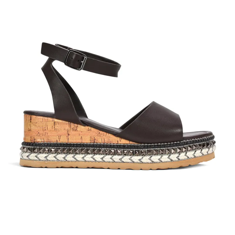 Dione Strappy Wedge Heel Espadrille Platform Sandals in Brown Synthetic Leather made by XYlondon