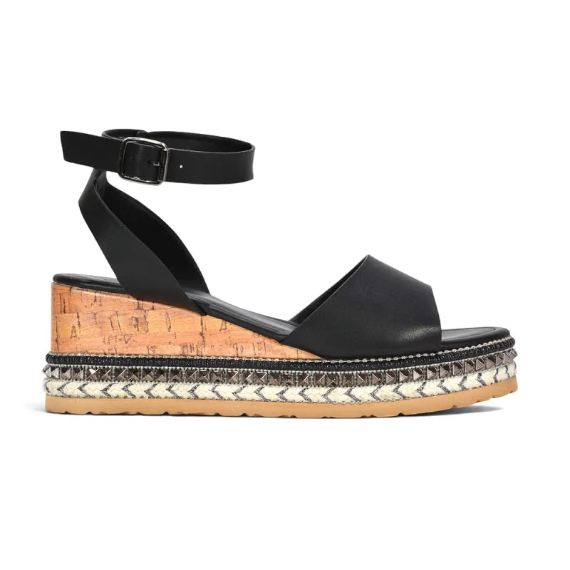 Dione Strappy Wedge Heel Espadrille Platform Sandals in Black Synthetic Leather made by XYlondon