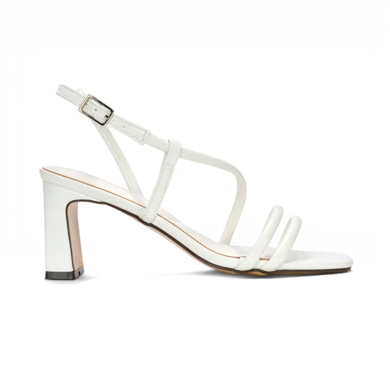 Demi Strappy Slingback Mid Block Heel Sandals With Square Toe in White Synthetic Leather made by XYlondon