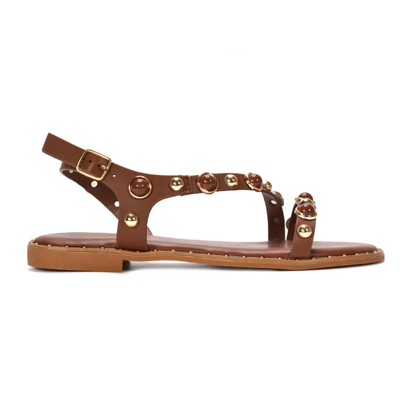 Myra Flat Sandals With Studded Pearl Straps Summer Shoes in Brown made by XYlondon