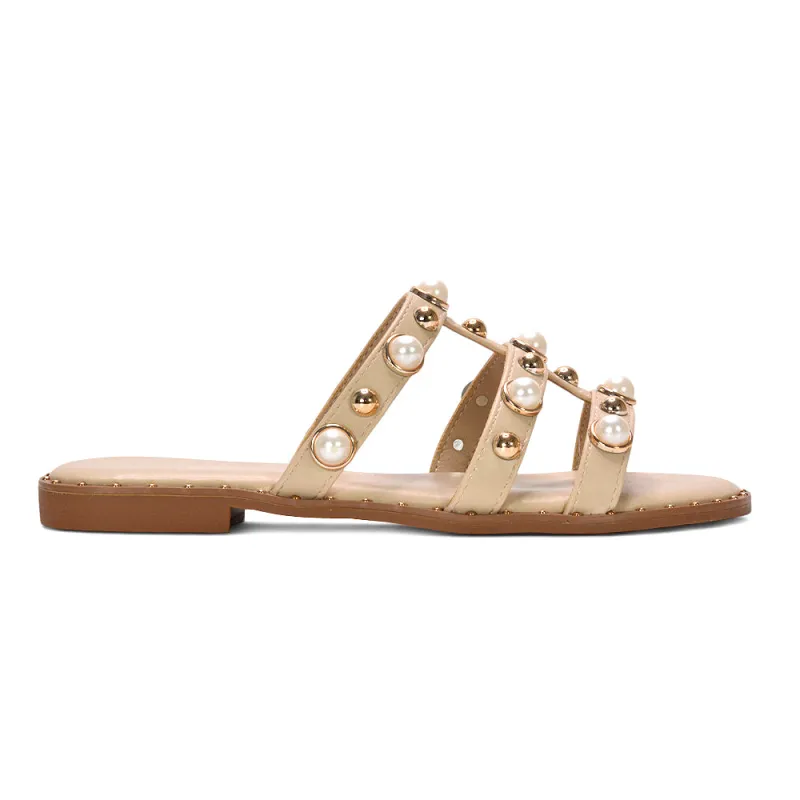 Tiffany Slip On Flat Sandals Studded Strappy Holiday Slides in Beige made by XYlondon