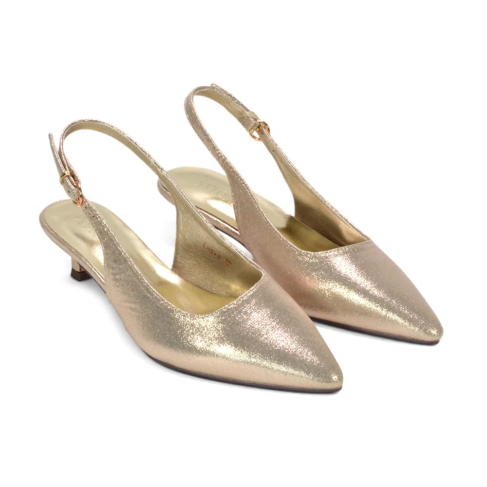 Frances Slingback Kitten Heel Pointed Toe Court Shoes in Gold Shimmer sold by XYlondon product image thumbnail 2