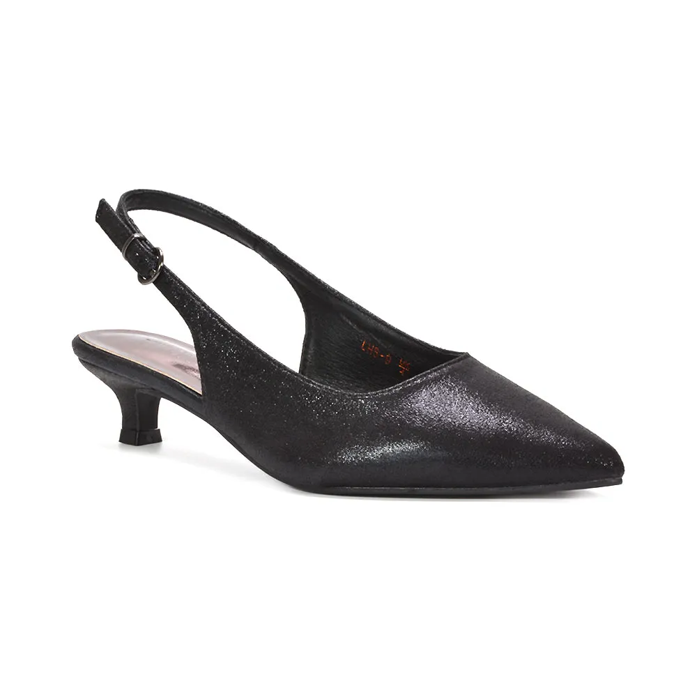 Frances Slingback Kitten Heel Pointed Toe Court Shoes in Black Shimmer sold by XYlondon product image thumbnail 2