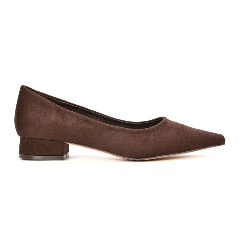 Karen Slip On Pointed Toe Low Block Heel Court Shoes in Brown Faux Suede made by XYlondon