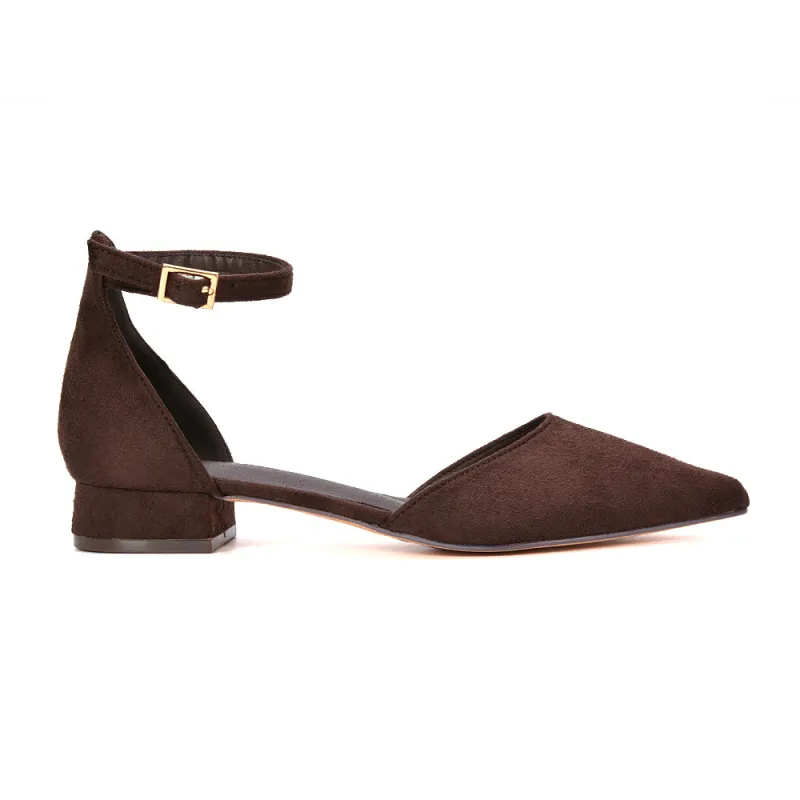 Robyn Pointed Toe Low Heel Strappy Court Shoes in Brown Faux Suede made by XYlondon
