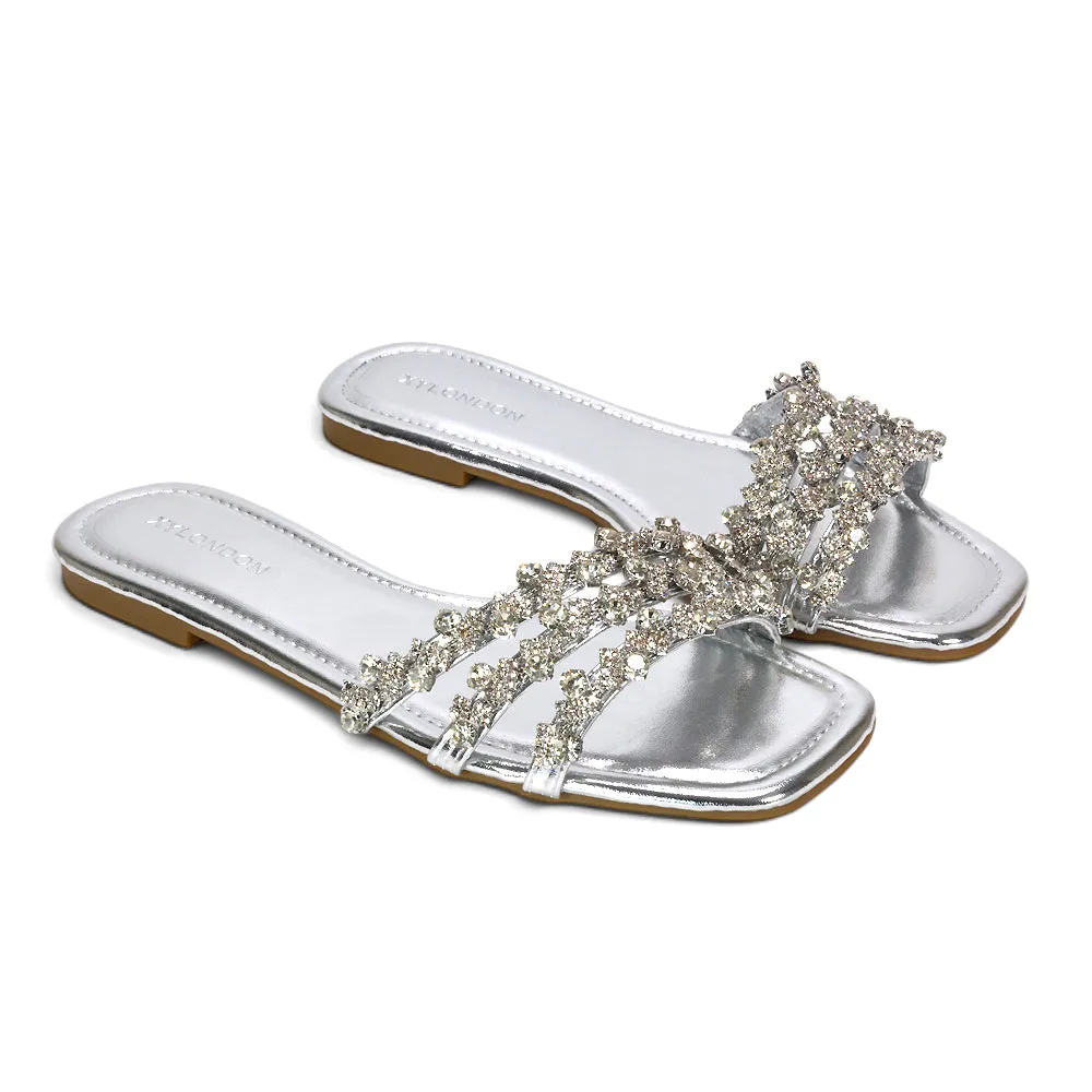 Roslyn Square Toe Slides Strappy Diamante Sparkly Flat Sandals in Silver Metallic sold by XYlondon product image thumbnail 5