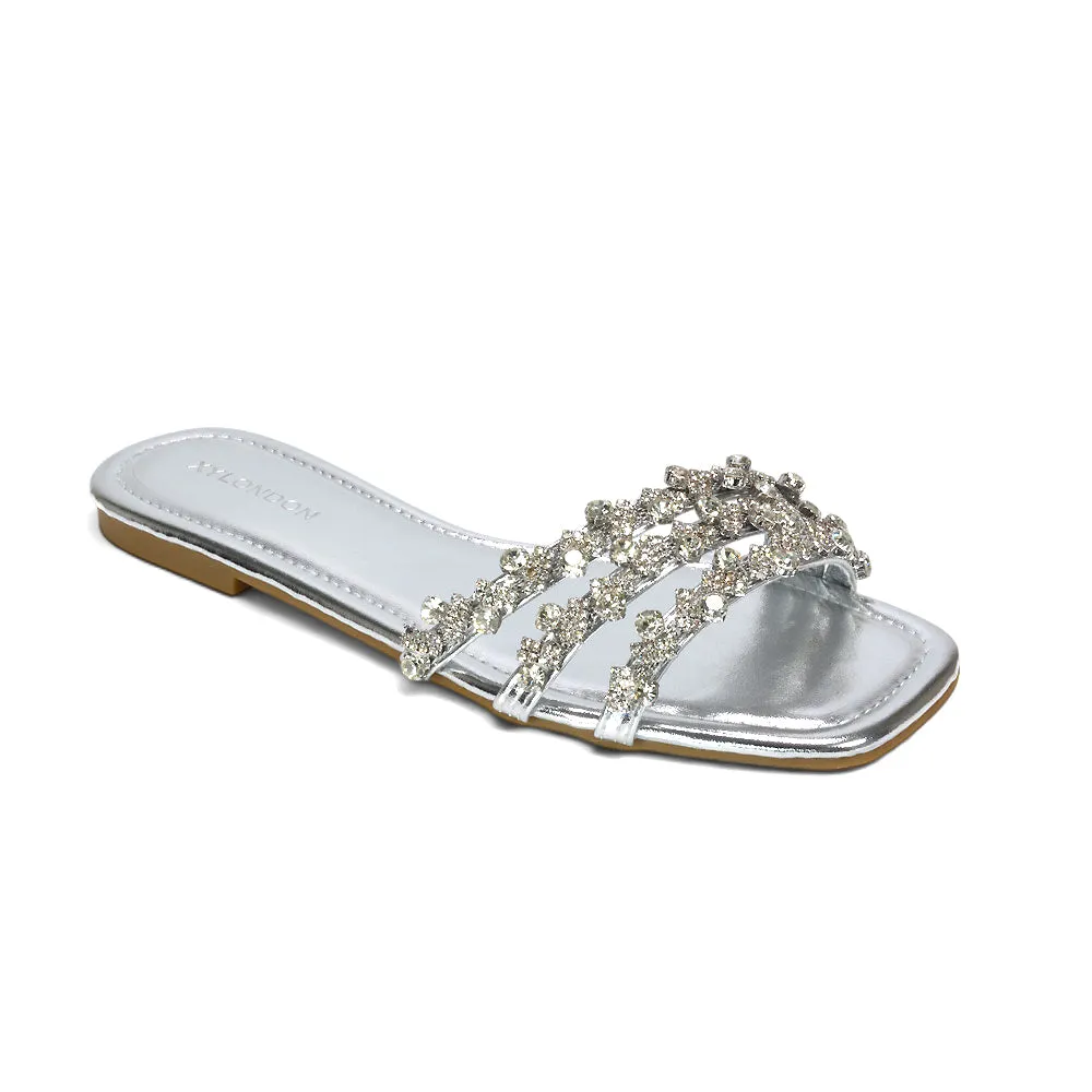 Roslyn Square Toe Slides Strappy Diamante Sparkly Flat Sandals in Silver Metallic sold by XYlondon product image thumbnail 2