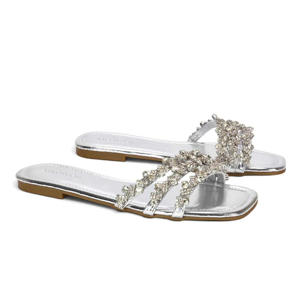 Roslyn Square Toe Slides Strappy Diamante Sparkly Flat Sandals in Silver Metallic sold by XYlondon product image thumbnail 3