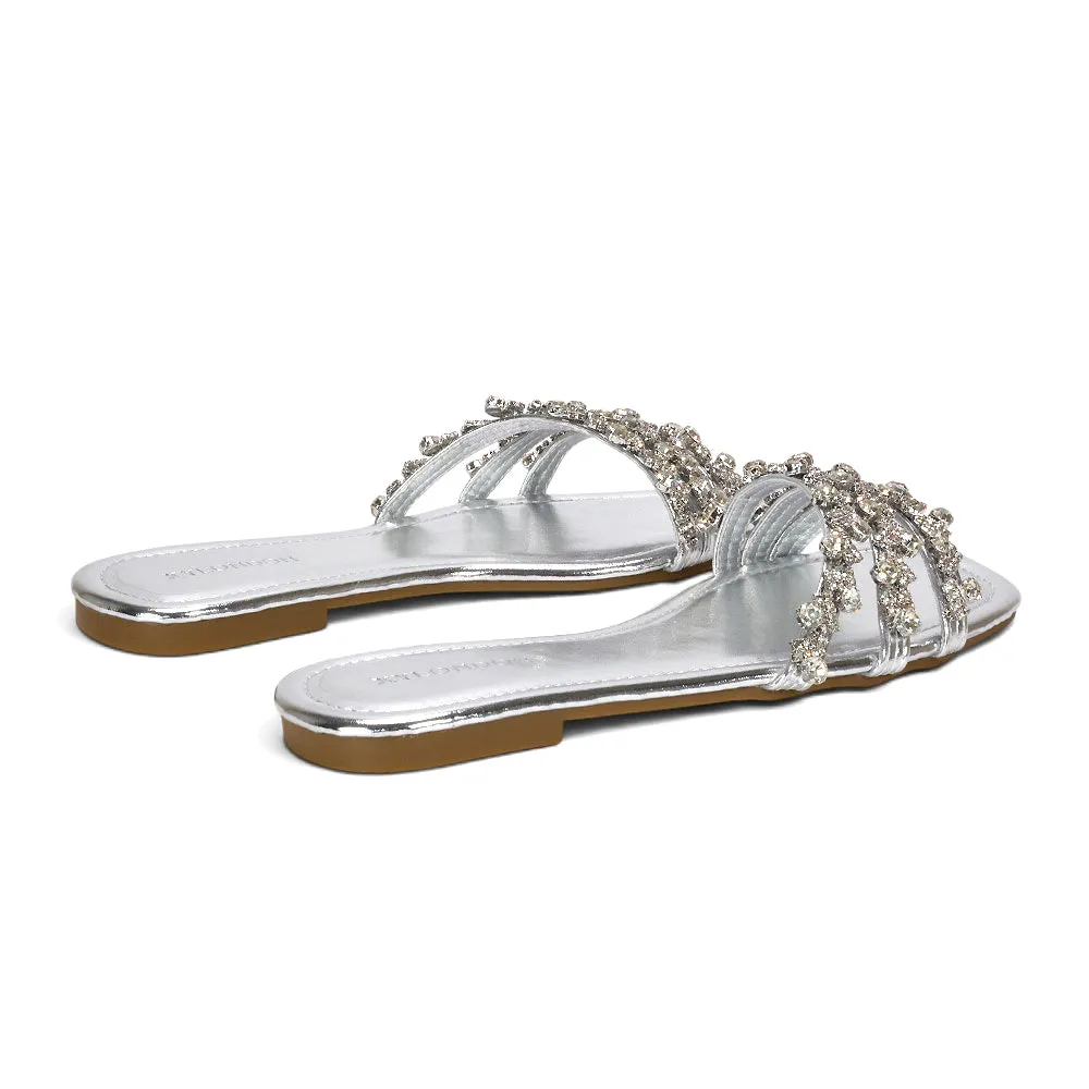 Roslyn Square Toe Slides Strappy Diamante Sparkly Flat Sandals in Silver Metallic sold by XYlondon product image thumbnail 4