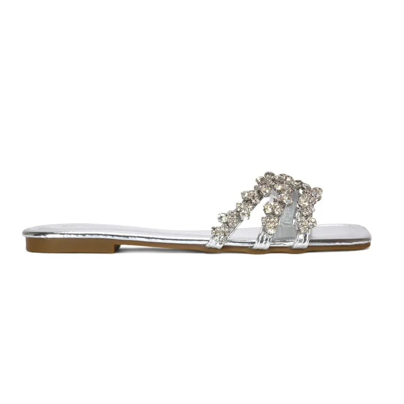 Roslyn Square Toe Slides Strappy Diamante Sparkly Flat Sandals in Silver Metallic made by XYlondon