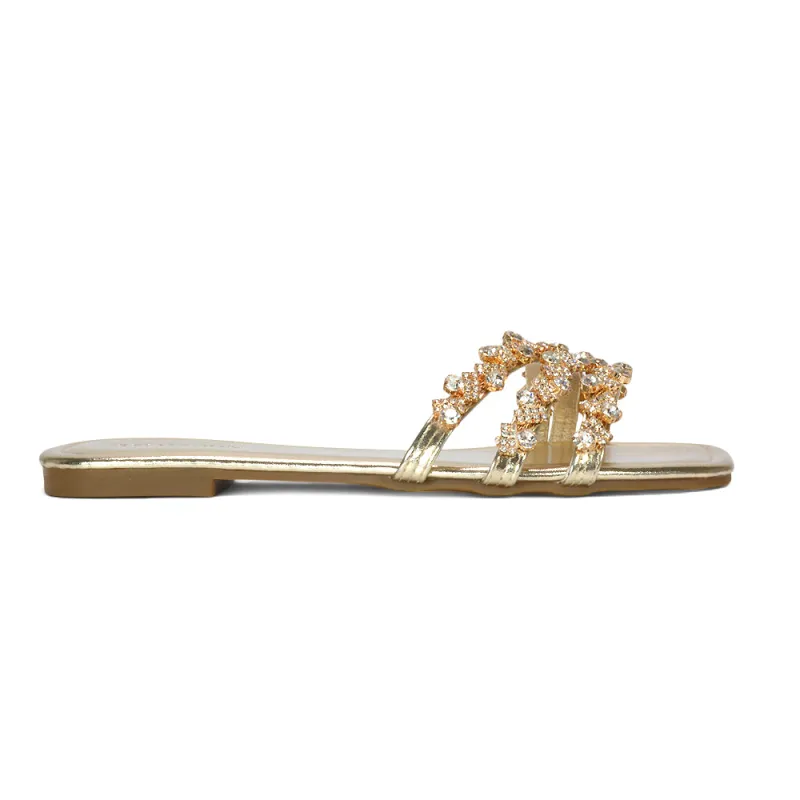 Roslyn Square Toe Slides Strappy Diamante Sparkly Flat Sandals in Gold Metallic made by XYlondon
