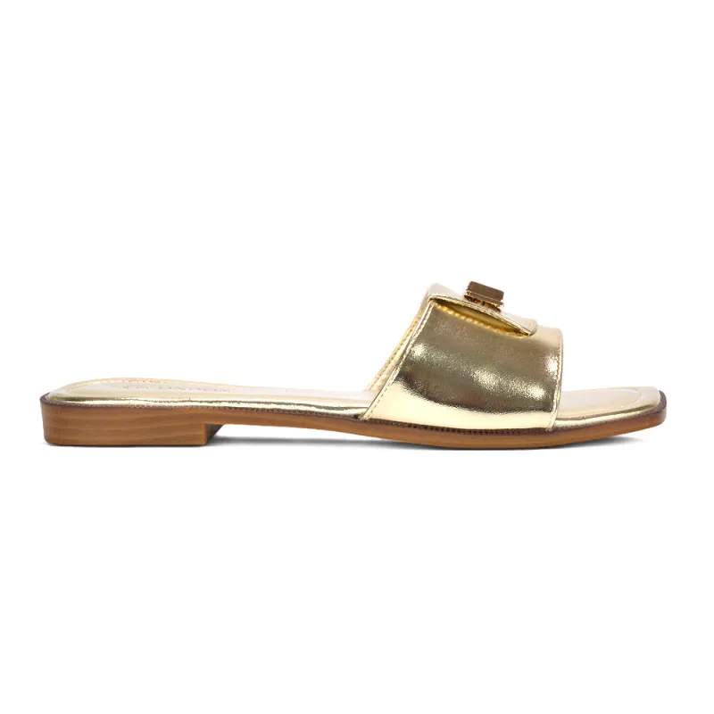 Siena Slip On Flat Sandals Square Toe Fold Over Strap Slides in Gold Metallic made by XYlondon